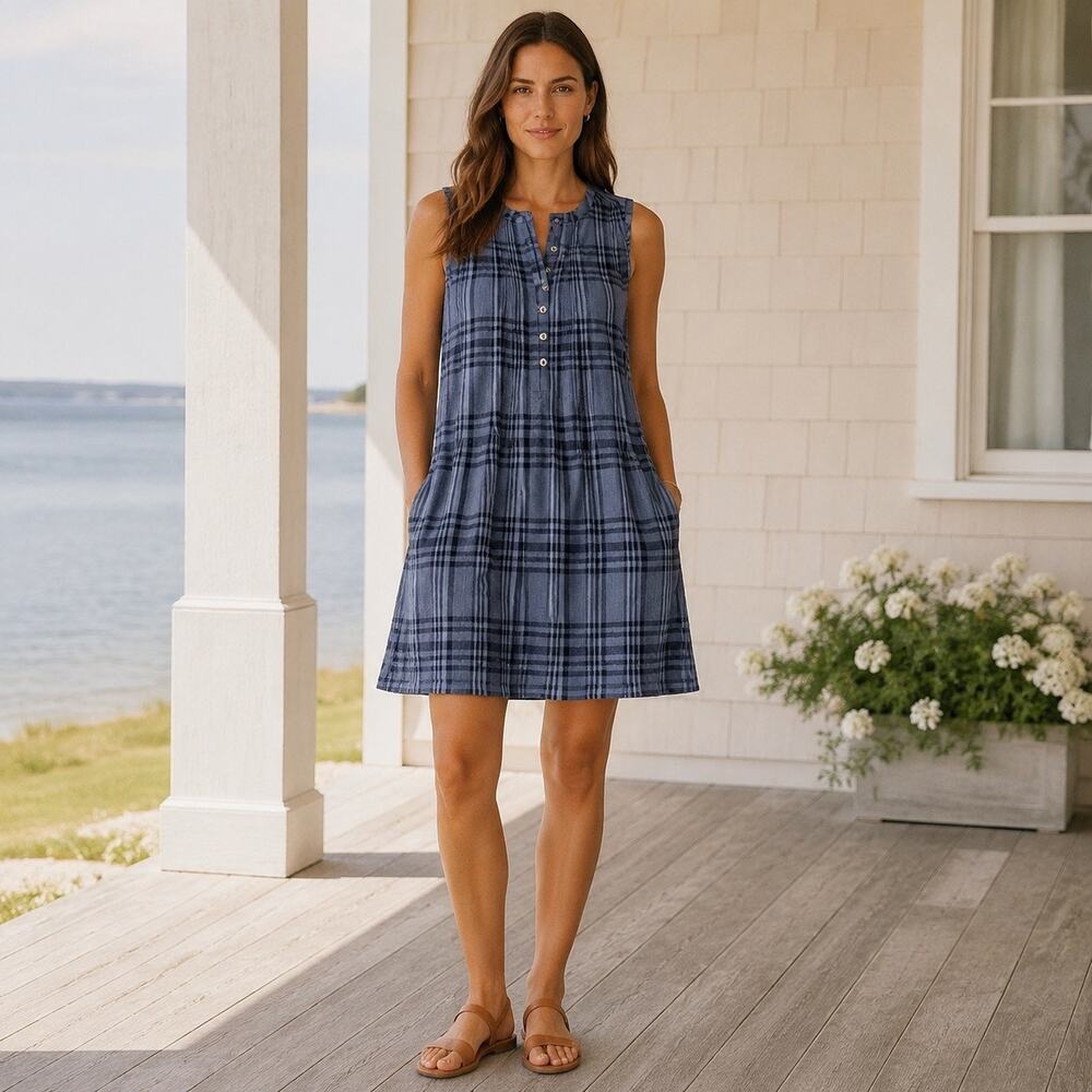 Coastal Preppy Quiet Luxury Faherty Isha Blue Plaid Organic Cotton Mini Dress S